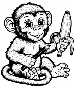 Crie uma imagem de um macaco seguntando uma banana em formato de desenho em preto e branco com contornos em preto para que seja colorida por crianças de 3 a 5 anos de idade. O estilo dessa imagem realista