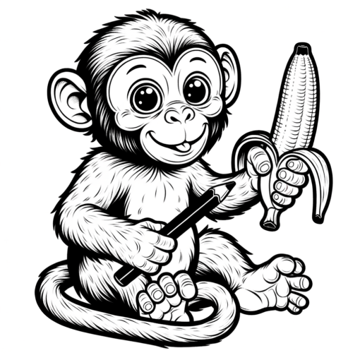 Crie uma imagem de um macaco seguntando uma banana em formato de desenho em preto e branco com contornos em preto para que seja colorida por crianças de 3 a 5 anos de idade. O estilo dessa imagem realista