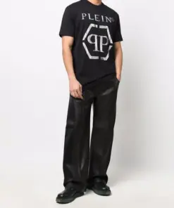 Camiseta Philipp Plein Hexagon Logo Algodão Preta Estampa Prata Metalizada - foto 2