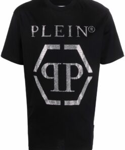 Camiseta preta de gola careca e manga curta com estampa frontal prata metalizada PLEIN e monograma PP em hexágono