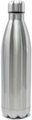 Garrafa térmica 500 ml de aço inox escovado prata com tampa rosqueável e anel de vedação preto, em pé sobre fundo branco