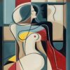Quadro com arte gráfica abstrata inspirada em Picasso, com figuras humanas estilizadas e blocos de cores multicoloridos