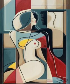 Quadro com arte gráfica abstrata inspirada em Picasso, com figuras humanas estilizadas e blocos de cores multicoloridos