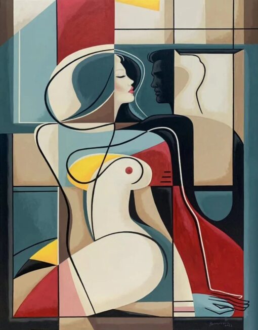 Quadro com arte gráfica abstrata inspirada em Picasso, com figuras humanas estilizadas e blocos de cores multicoloridos
